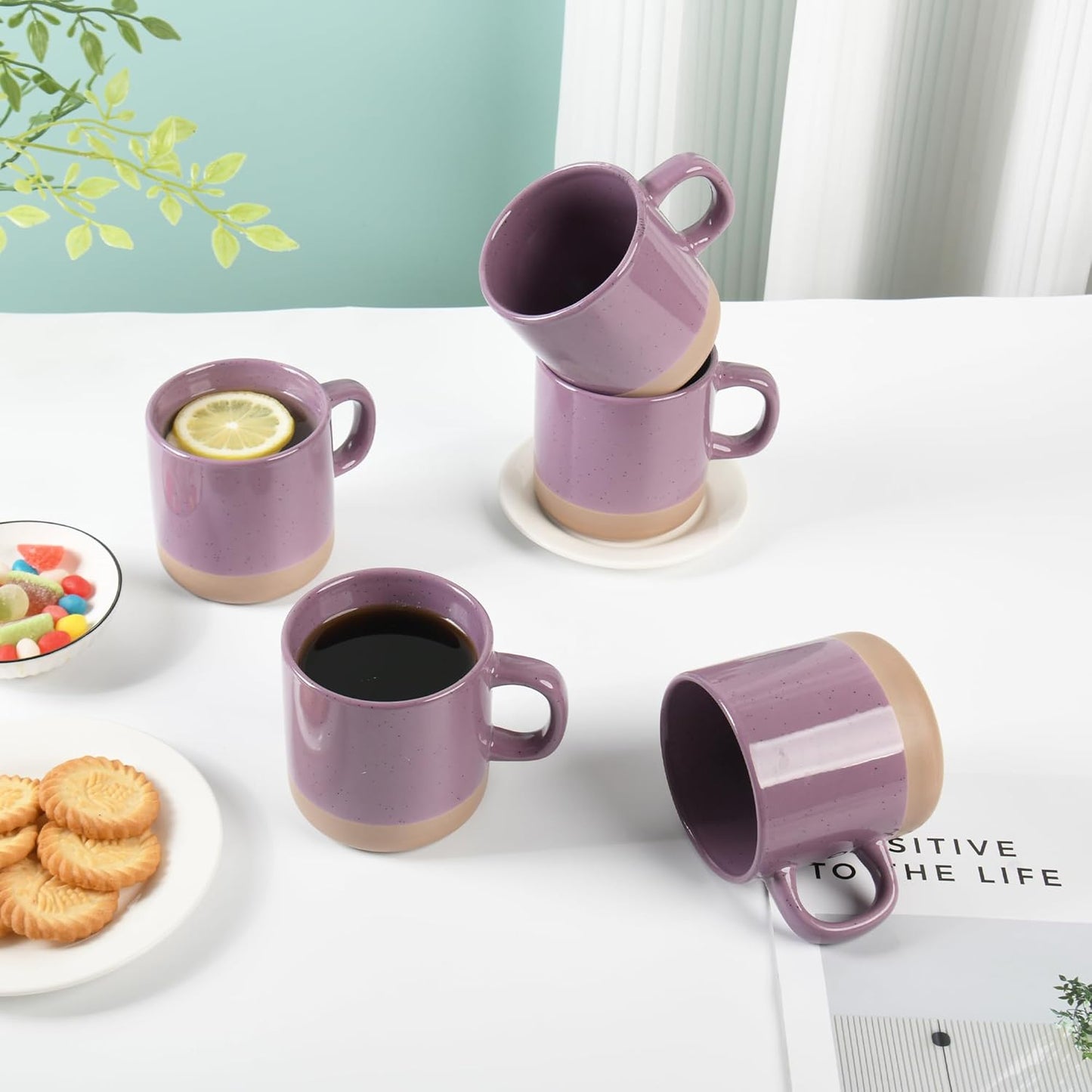 12 oz Coffee Mug Set for 6, Tea Cups with Handle for Coffee, Tea, Cocoa, Milk (Purple)