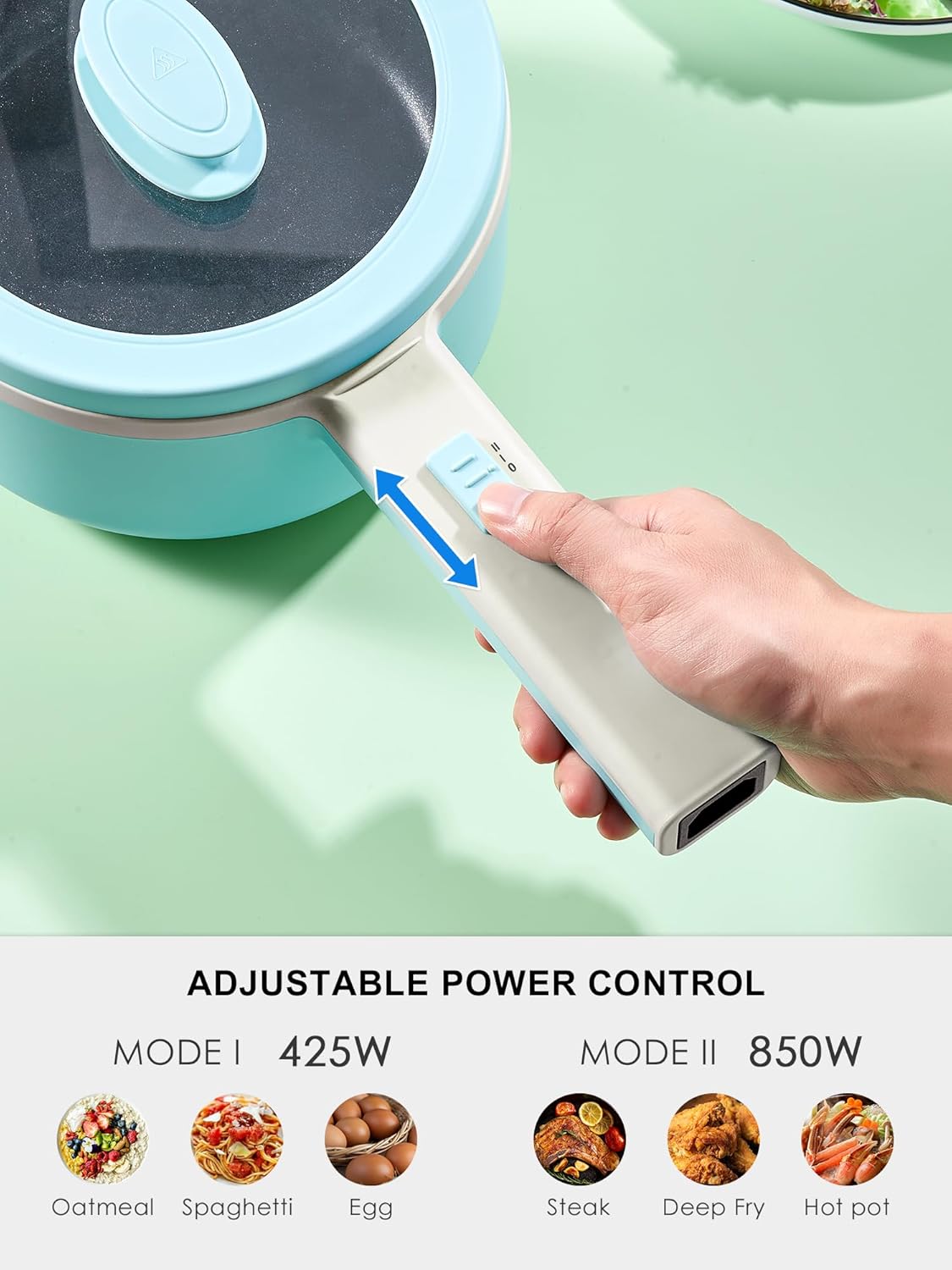 Hot Pot Electric With Steamer, 1.6L Ramen Cooker Non-Stick Sauté Pan for Steak, Egg, Fried Rice, Ramen, Oatmeal, Soup, Portable Personal Perfect Suit Dorm Room and Apartment (Aqua)