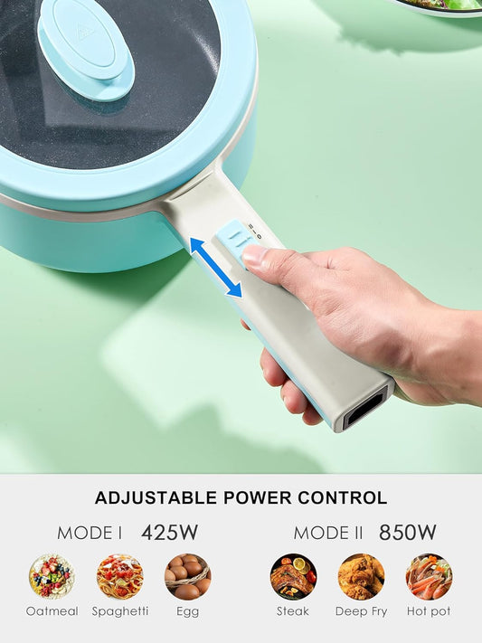 Hot Pot Electric With Steamer, 1.6L Ramen Cooker Non-Stick Sauté Pan for Steak, Egg, Fried Rice, Ramen, Oatmeal, Soup, Portable Personal Perfect Suit Dorm Room and Apartment (Aqua)