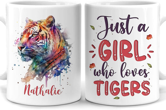 Hyturtle Personalized Gifts Tiger Lover - Just A Girl Who Loves Tigers Custom Name Ceramic Coffee Mug Cup 11oz - Idea Cute Animal Lover Gifts For Women, Girl Daughter On Birthday, Christmas