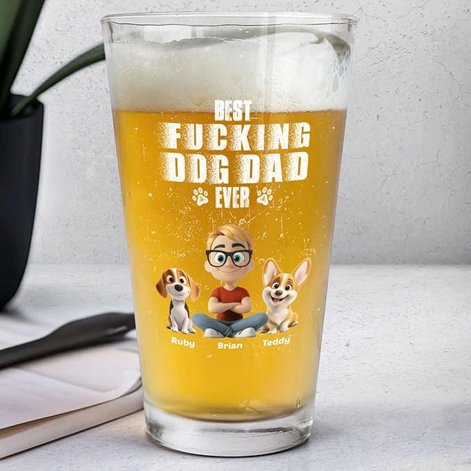 Wrappiness Best Mom Dad Logo Personalized Custom Beer Glass - 16oz Glassware for Beer Soda Cocktails - Gift for Dog Lovers, Father's Day, Birthday Gift for Parents (B06, 2 Dogs)