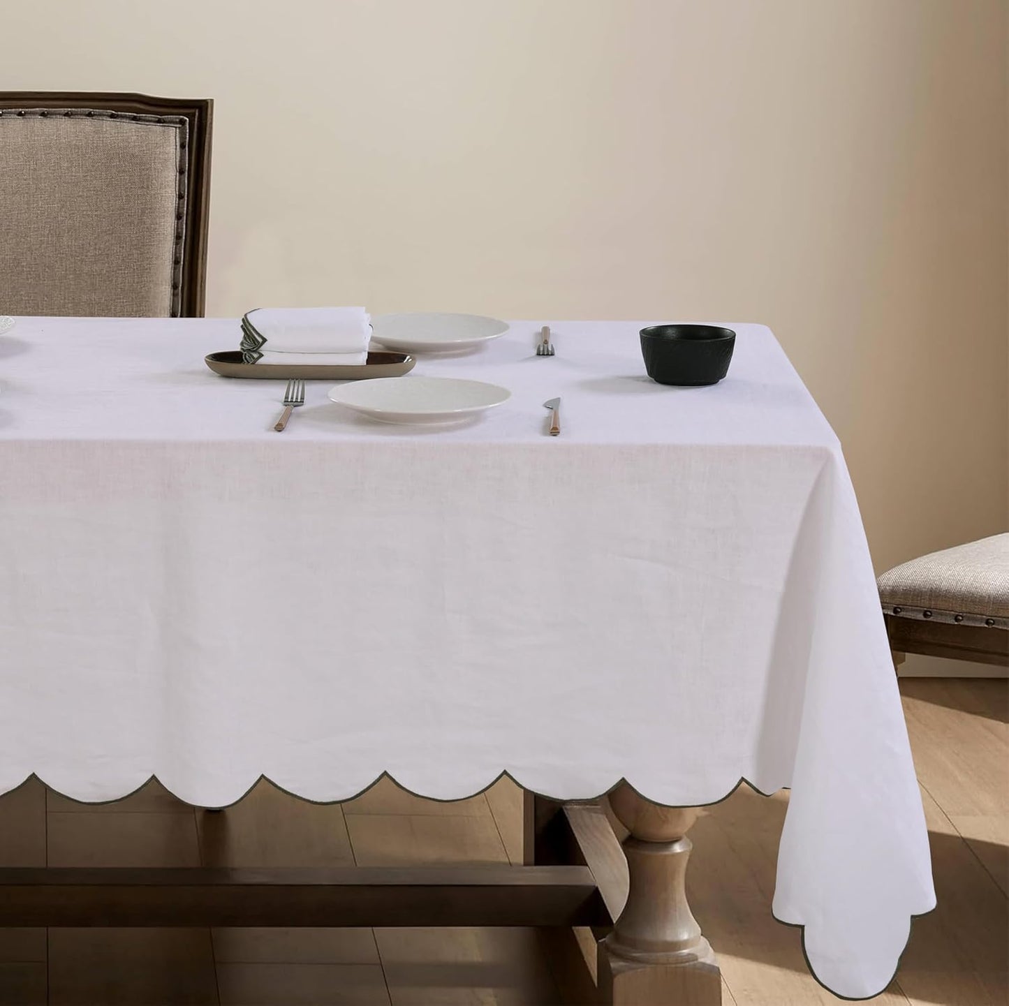 100% Pure Linen Scalloped Embroidery Rectangle Tablecloths 108Lx60W Inch for Dinners, Parties, Spring, Machine Washable, 8-10 Sets, White(Edges-Green)