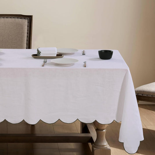 100% Pure Linen Scalloped Embroidery Rectangle Tablecloths 108Lx60W Inch for Dinners, Parties, Spring, Machine Washable, 8-10 Sets, White(Edges-Green)