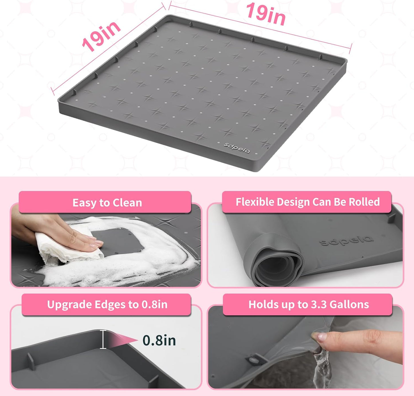 Sdpeia Under Sink Mat 19"×19" – Waterproof Silicone Cabinet Liner & Sink Protector for Kitchen & Bathroom, Multi-Purpose Organizers Tray for Pets, Laundry, Cat Litter Mat,Gray