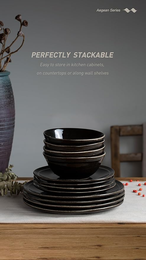 Famiware Aegean Stoneware Dinnerware Set for 8, Plates and Bowls Sets, 24 Pieces Scratch Resistant Dinner Set, Handmade Irregular Round Dishes - Microwave and Dishwasher Safe, Black Coffee