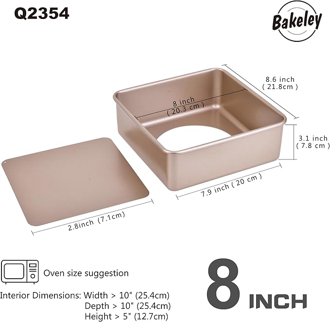 8-Inch Nonstick Deep Square Cake Pan with Removable Bottom, Baking Sheet and Brownie Pan 8.7" x 8.7" X 3.2" (Champagne Gold)