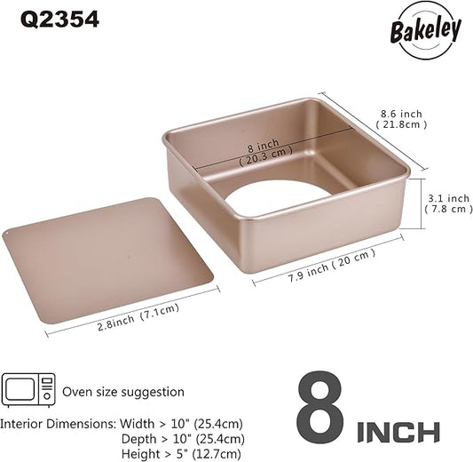 8-Inch Nonstick Deep Square Cake Pan with Removable Bottom, Baking Sheet and Brownie Pan 8.7" x 8.7" X 3.2" (Champagne Gold)
