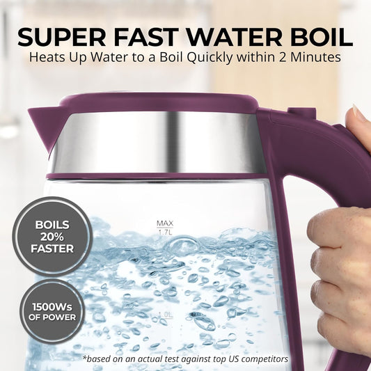 Zulay Kitchen Fast Boiling Electric Water Kettle - 1.7L, 1500W, Auto Shut-Off for Overboil & Boil Dry Protection, Cool-Touch Handle, 360° Base - Rapid Teapot Boiler For Coffee & Tea - Purple