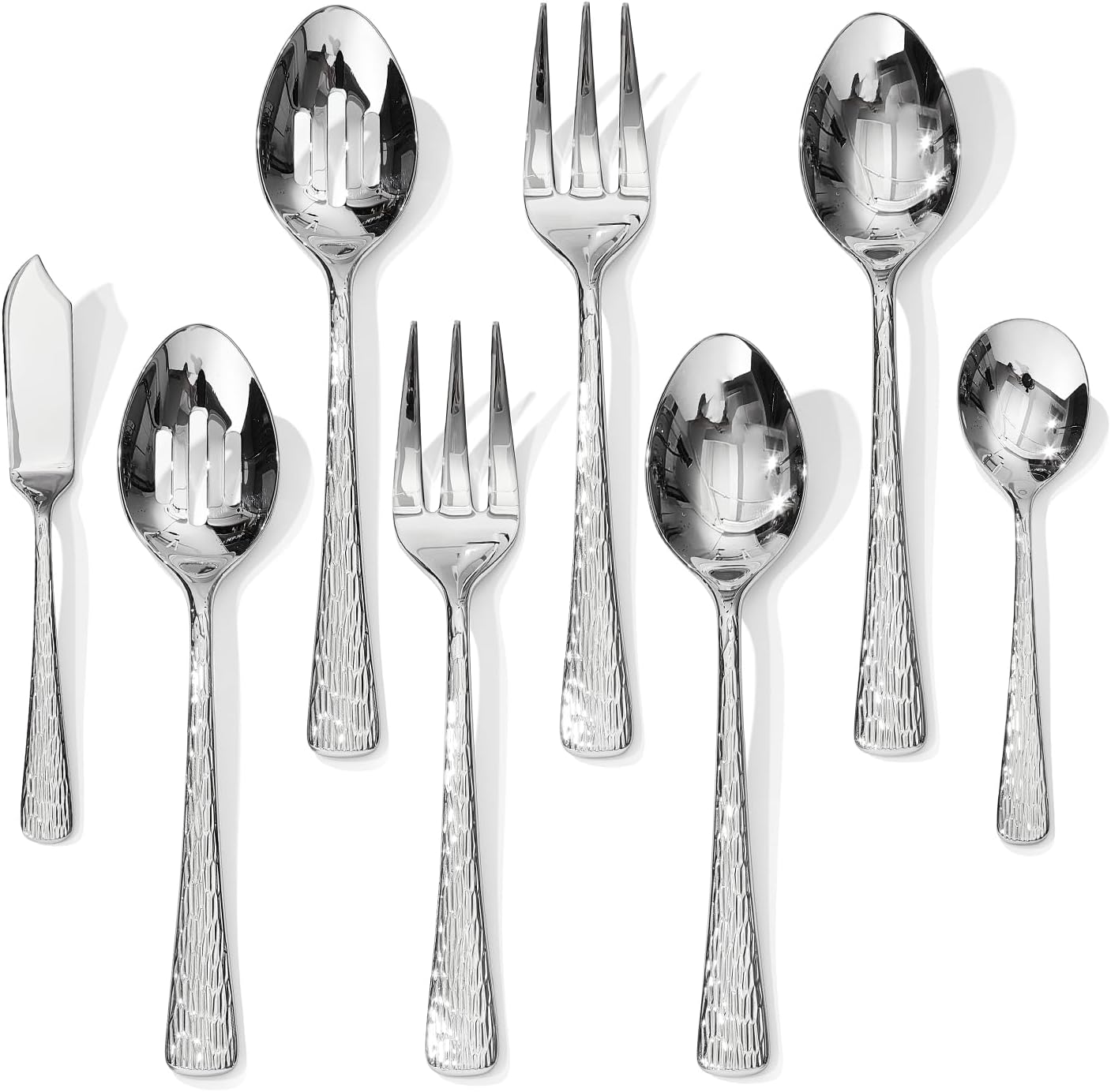 KINGSTONE Hammered 8-Piece Serving Utensil Set, 18/10 Stainless Steel Flatware for Catering, Party Include Spoons, Slotted Spoon, Fork, Butter Knife - Mirror Finish & Dishwasher Safe