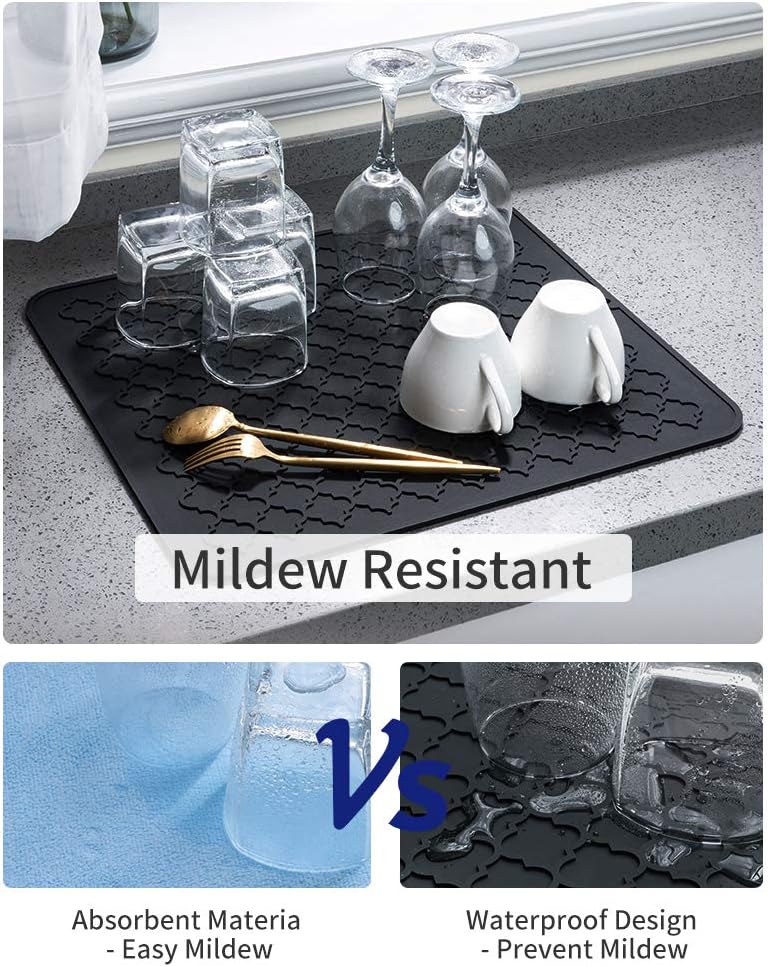 AMOAMI Dish Drying Mat,Heat-resistant,Easy Clean,Silicone Dish Drying Mats for kitchen Counter,Kitchen Gadgets Kitchen Accessories Kitchen Small Appliances (12" x 16", BLACK)