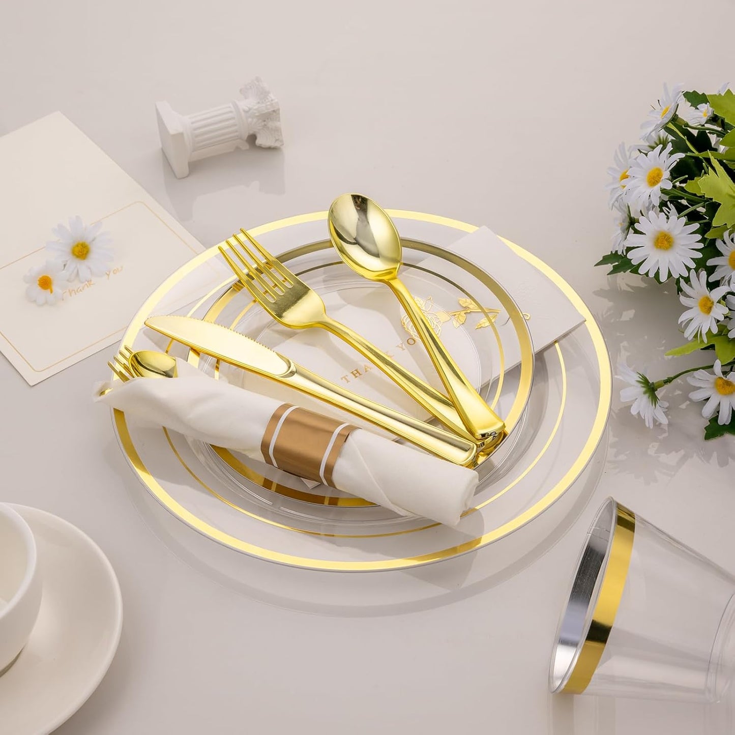 350 PCS Transparent Base With Gold Edge Plastic Dinnerware Set for 50 Guests, 100 Plates for Party, 50 Pre Rolled Napkins with Gold Silverware, 50 Cups