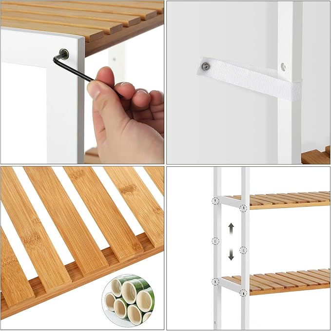 SONGMICS Bamboo Storage Shelf, 5-Tier Shelving Unit, Multifunctional, in The Entryway, Bathroom, Living Room, Balcony, Kitchen, 10.2 x 23.6 x 51.2 Inches, Cloud White and Light Bamboo UBCB35WN