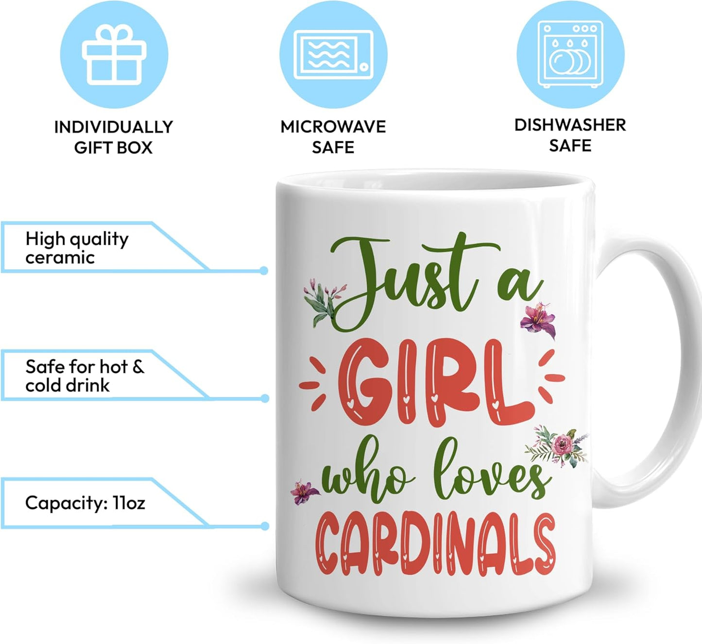 Hyturtle Personalized Gifts Cardinal Lover - Just A Girl Who Loves Cardinals Custom Name Ceramic Coffee Mug Cup 11oz - Idea Cute Animal Lover Gifts For Women, Girl On Birthday, Christmas