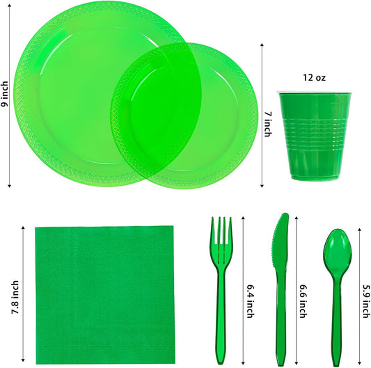 WELLIFE 210Pcs Green Plastic Plates,Clear and Green Plastic Dinnerware Set,Party Supplies Including Clear Plates, 12OZ Cups, plastic Cutlery and Paper Napkins Serve 30 Guests