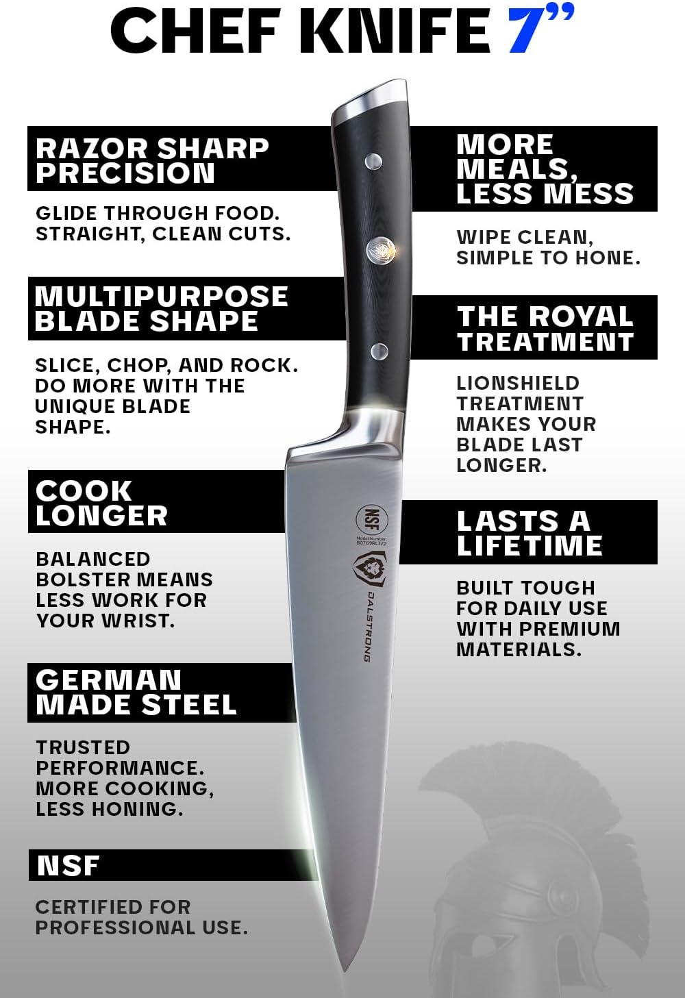 Dalstrong Chef Knife - 7 inch - Gladiator Series Elite - Forged High Carbon German Steel - Razor Sharp Kitchen Knife - Full Tang - Black G10 Handle - Sheath Included - Chef's Knife - NSF Certified