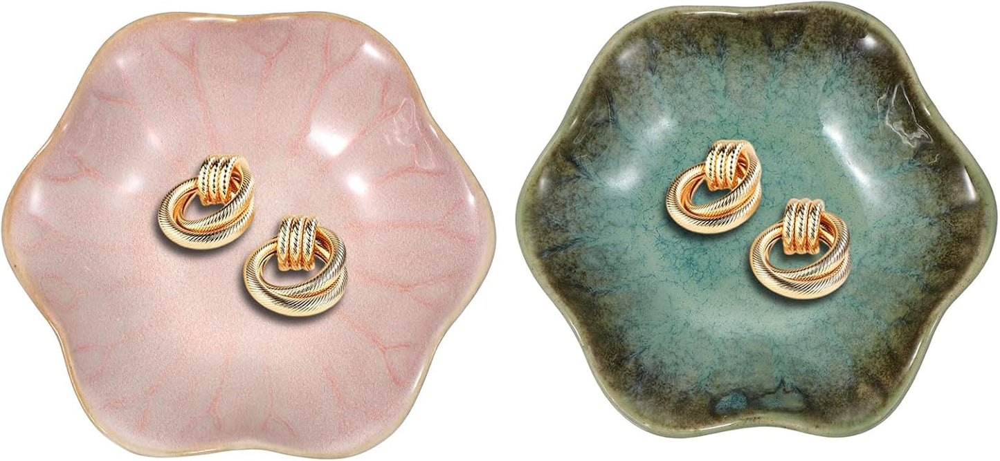 uxcell 2Pcs Ceramics Jewelry Plate, Lotus Leaf Shape Key Holder Bowl for Entryway Table Decor Small Ring Tray Dish Gift for Women Girlfriend, Pink/Green
