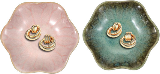 uxcell 2Pcs Ceramics Jewelry Plate, Lotus Leaf Shape Key Holder Bowl for Entryway Table Decor Small Ring Tray Dish Gift for Women Girlfriend, Pink/Green