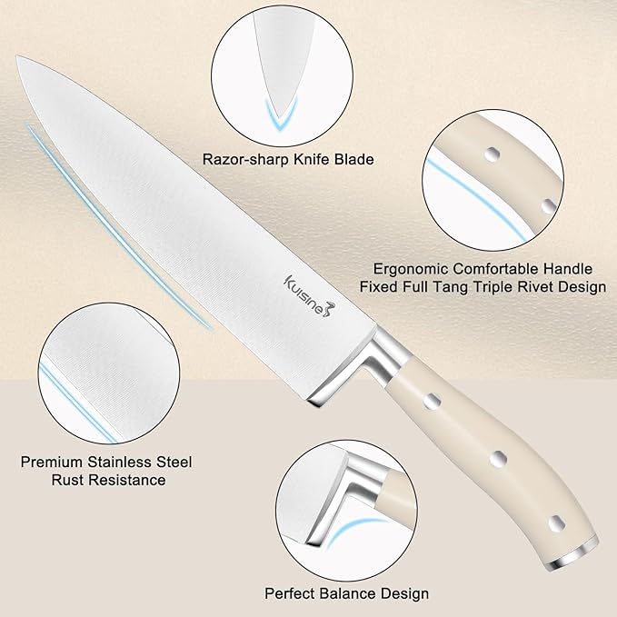 Kuisine Premium Sharp Knife Set,High Carbon Stainless Steel Ergonomic Handle,Knife Block Set with Built-in Sharpener(15PCS,Ivory)