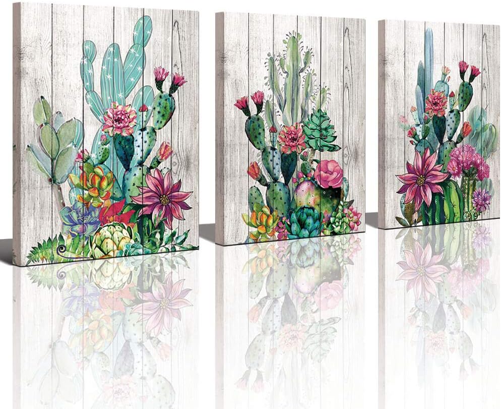 3 Piece Framed Wall Art Watercolor Tropical Plant Desert Cactus Canvas Print for Bedroom Bathroom Spiny Flower Artwork Home Office Wall Decoration 12x16 3 panels Decor