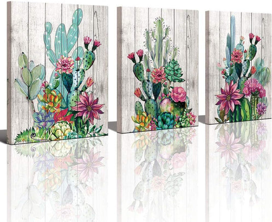 3 Piece Framed Wall Art Watercolor Tropical Plant Desert Cactus Canvas Print for Bedroom Bathroom Spiny Flower Artwork Home Office Wall Decoration 16x24 3 panels Decor