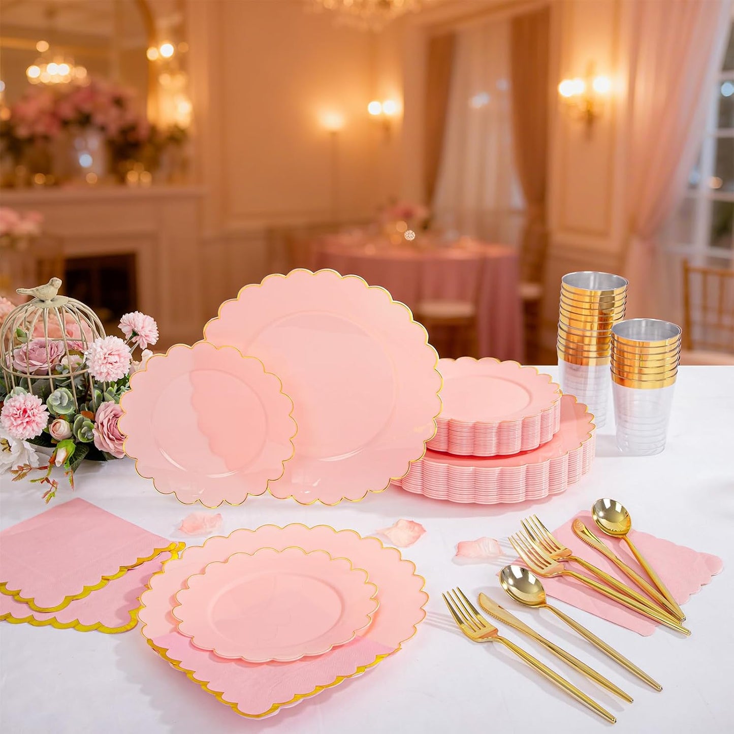 LIYH 210 Pcs Pink and Gold Scalloped Plastic Plates - Disposable Dinnerware Set, Include Gold Plastic Silverware, Pink Plates and Napkins Party Supplies for Birthday Wedding