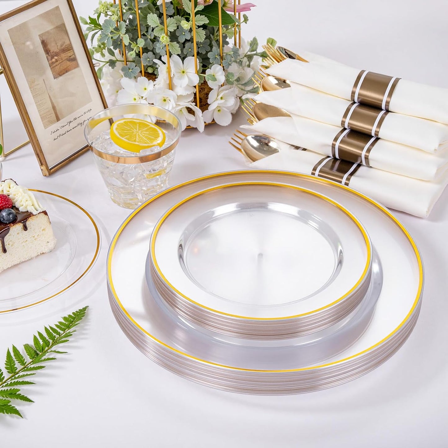 SUT 350 Pcs Gold and Clear Plastic Dinnerware Set for 50 Guests, Include: 50 Dinner Plates, 50 Dessert Plates, 50 Pre Rolled Napkins With Silverware, 50 Cups, Disposable Plates for Party, Wedding