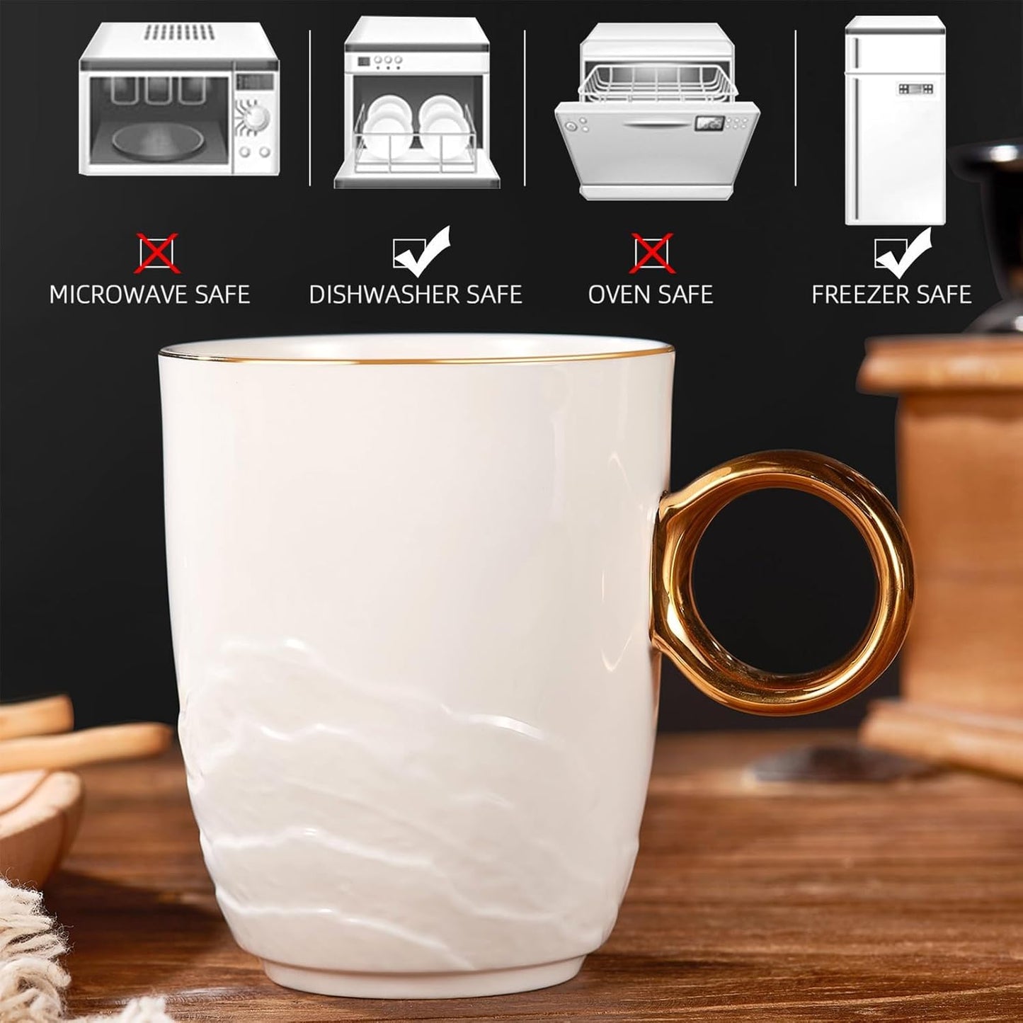 Chulan Upscale 12 oz Bone China Coffee Mug Set of 2, White Lightweight Fine Bone China Tea Cups with Gold Rim, Over 45% Bone Content Porcelain Ceramic Thin Mugs for Espresso Latte Mocha Freezer Safe