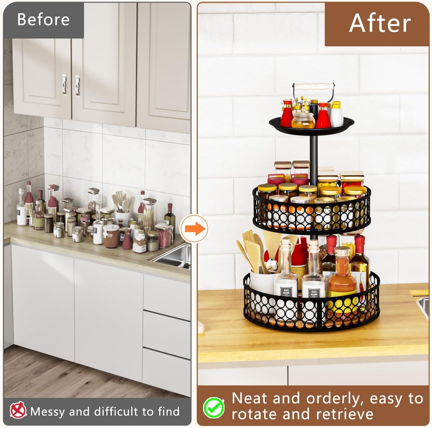 Heavy-Duty 3 Tier Lazy Susan Organizer, Upgraded DIY 4-in-1 Design Detachable Metal Rotating Spice Rack, Spice Organization for Kitchen Cabinet Countertop