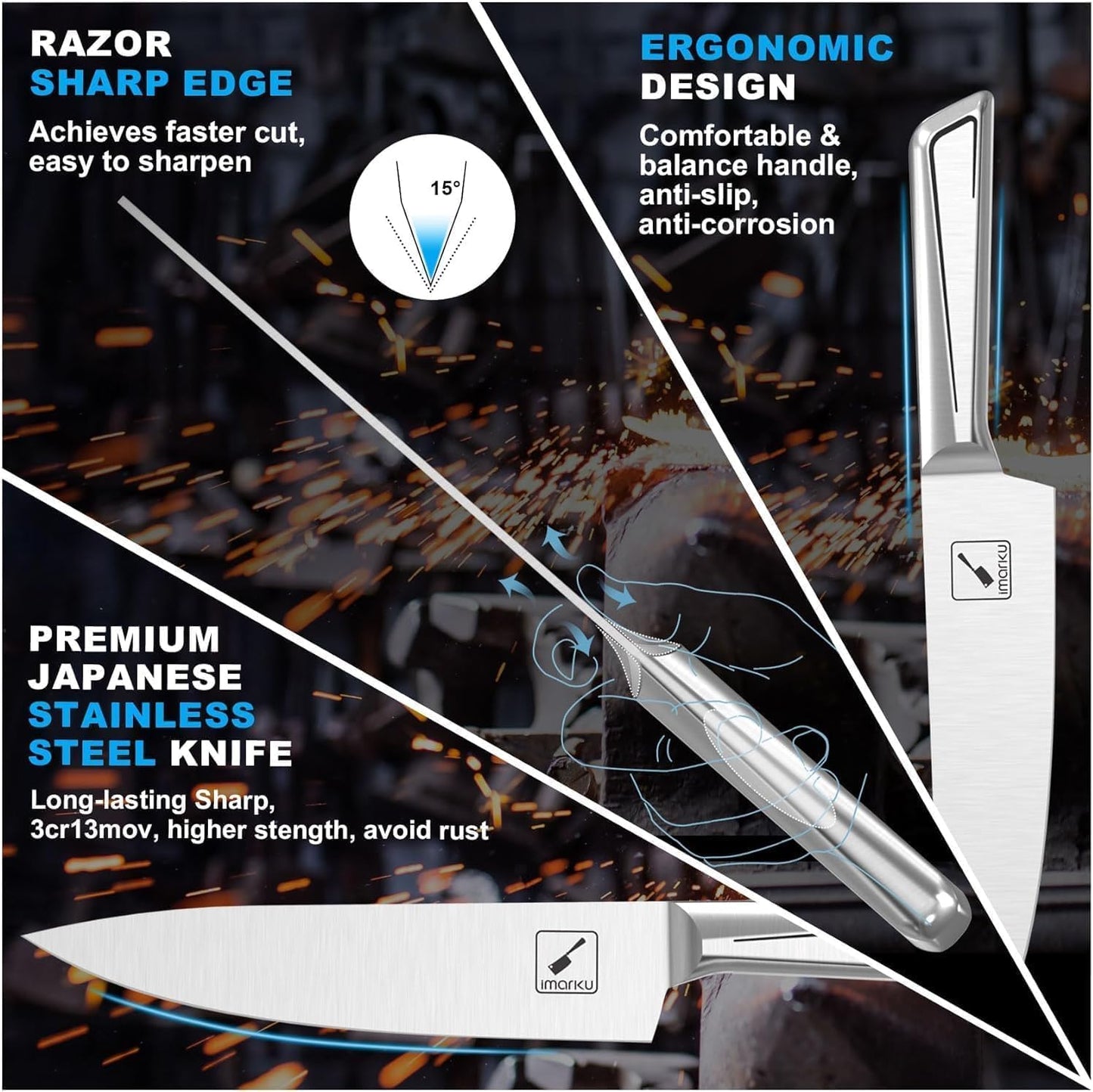 imarku Knife Set G14 - Stainless Steel Kitchen Knives with Block, Built-in Sharpener, Dishwasher Safe, Rust Resistant, Non-Slip Ergonomic Handle - 14pcs Ultimate Gift for Home Cooks & Chefs, White