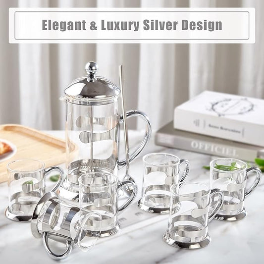 DUJUST Silver French Press Set with 6 Cups & Tray, Luxury Design Coffee Maker with 4-Level Filter System, Hot & Cold Resistant Glass French Coffee Press Set, Well Packed, Holiday Gift & Home Décor