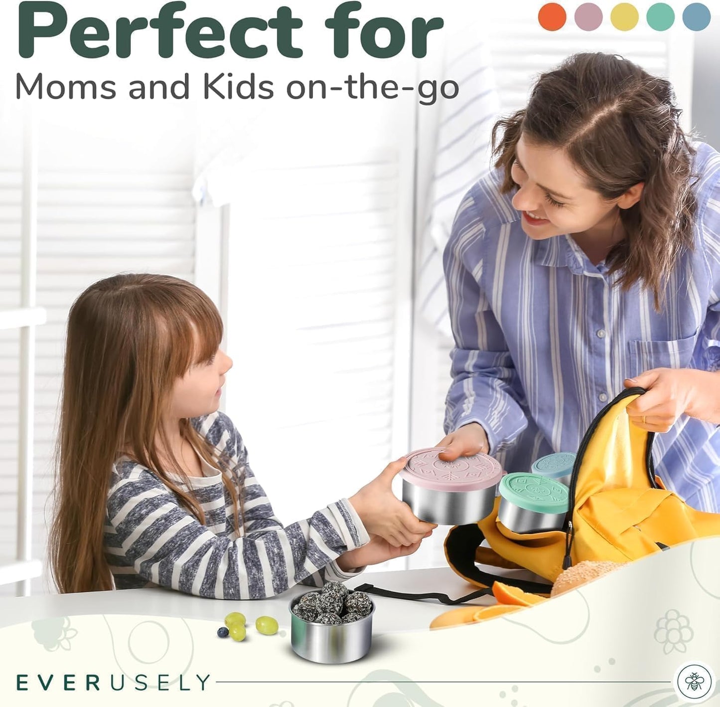 Everusely - Stainless Steel Containers with Lids - Set of 5, Bright Collection - Leakproof Stainless Steel Food Containers - Nesting Snack Holders - Metal Lunch Box - Portable & Reusable Meal Kit