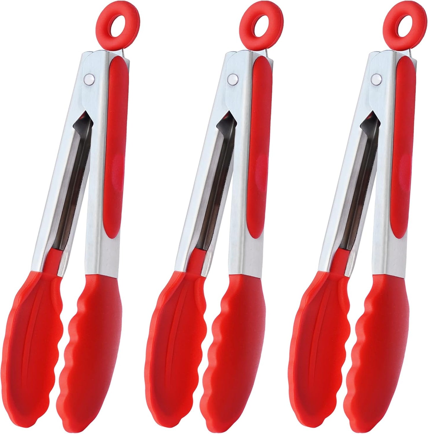 7-Inch Mini Silicone Tongs Small Serving Tongs for Appetizers, Set of 3 (Red)