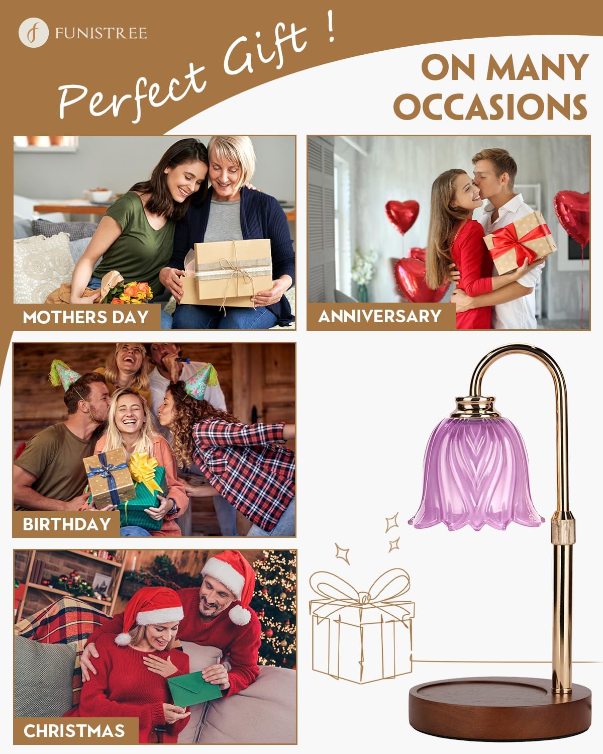 Candle Warmer Lamp, Gold Candle Lamp Warmer with Timer & Dimmer with 2 Bulbs, Christmas Gifts for Women Mom, House Warming Gifts New Home Bedroom Decor, Height Adjustable