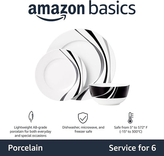 Amazon Basics Dinnerware Set, Microwave and Dishwasher Safe, Service for 6, 18-Piece Complete Kitchen, Plates, Dishes, Bowls, Swirl