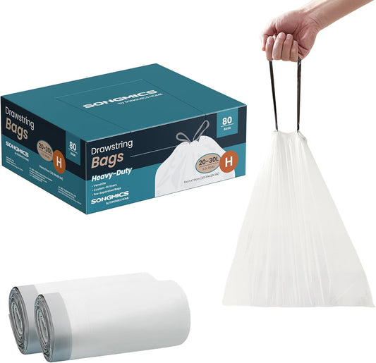 SONGMICS Trash Bags for 8-Gallon (30 L) Trash Cans, Drawstring Kitchen Garbage Bags, Pre-Separated, Quick-Dispense Box, Liner Code H, 2 Rolls, 80 Count, White UKRB031A02
