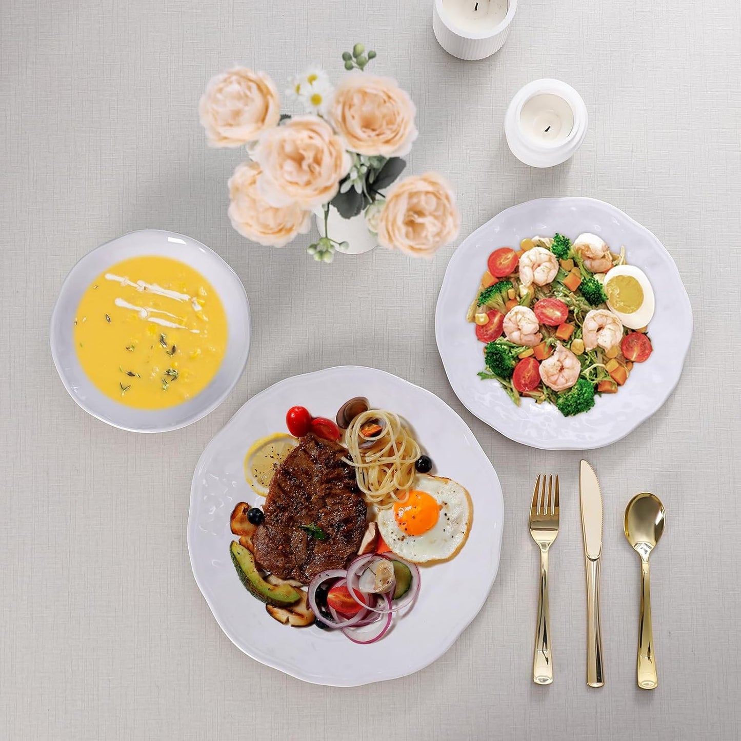 White Melamine Dinnerware Set, 18 Pcs Lightweight and Unbreakable Outdoor Plates and Bowls Sets, Camping Melamine Dishes Set for 6, Chip Resistant Kitchen Plates for Indoor and Outdoor Use