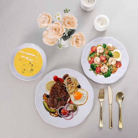 White Melamine Dinnerware Set, 18 Pcs Lightweight and Unbreakable Outdoor Plates and Bowls Sets, Camping Melamine Dishes Set for 6, Chip Resistant Kitchen Plates for Indoor and Outdoor Use