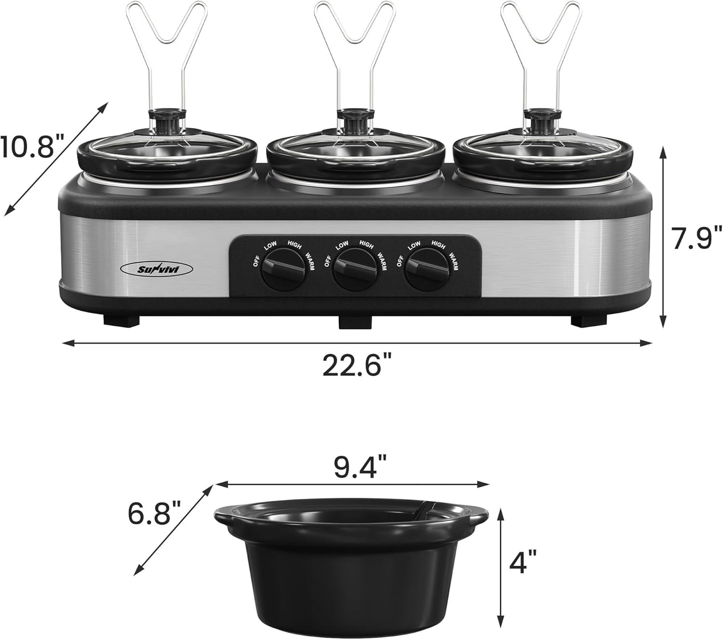 Sunvivi Slow Cooker, Triple Slow Cooker Buffet Server and Food Warmer, 3-Section 1.5-Quart Upgraded Oval Ceramic Pot with Stainless Steel Lid Rests, 3 Spoons, Total 4.5 QT