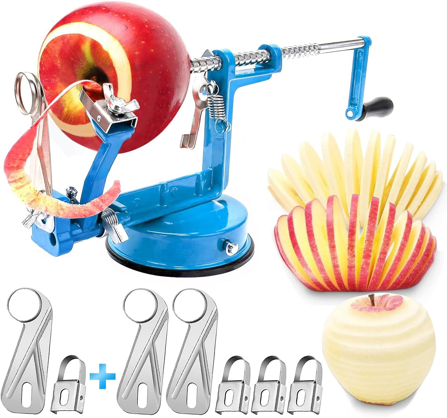 Apple Peeler Corer, Long lasting Chrome Cast Iron Apple Peeler Slicer Corer with Stainless Steel Blades and Powerful Suction Base for Apples and Potato(Blue)