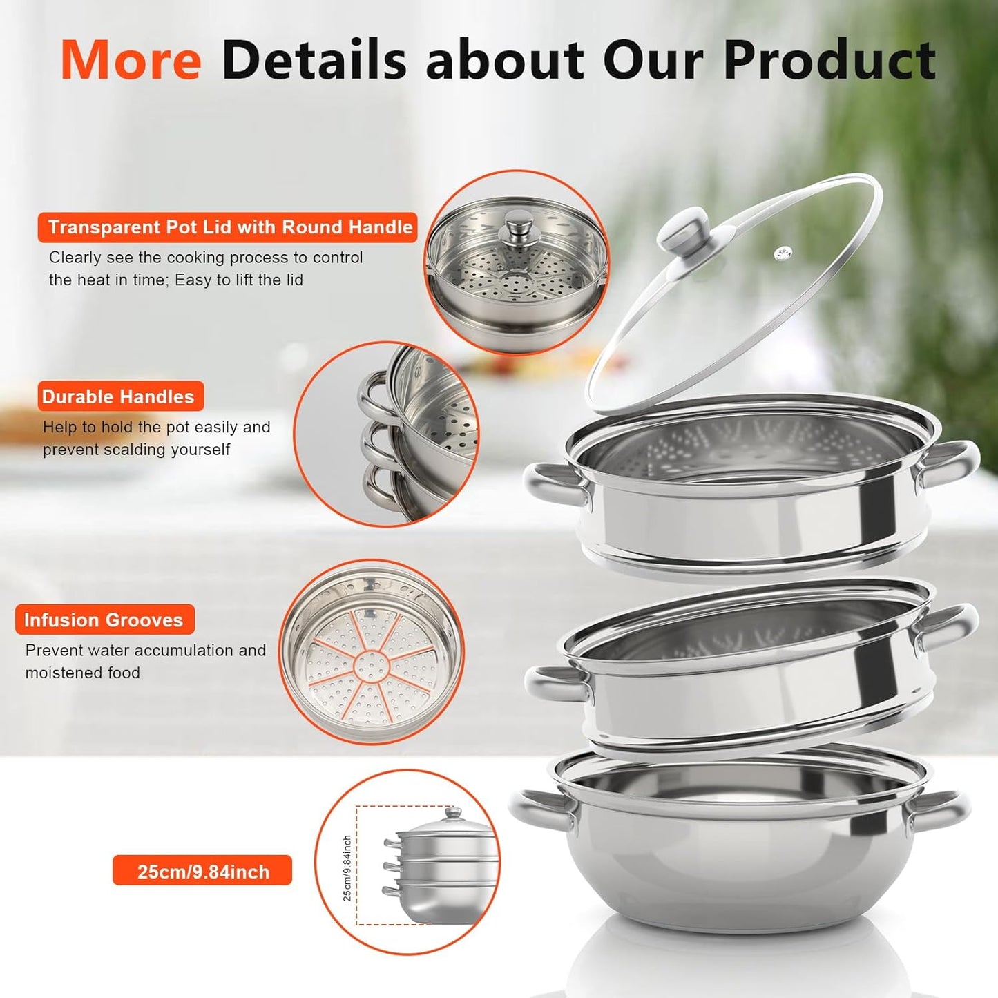 12.8in 3 Tier Stainless Steel Steamer Pot Multipurpose Stainless Steel Steam Pot Cookware Steamer Pot with Lid for Cooking Vegetable Stock Sauce Food