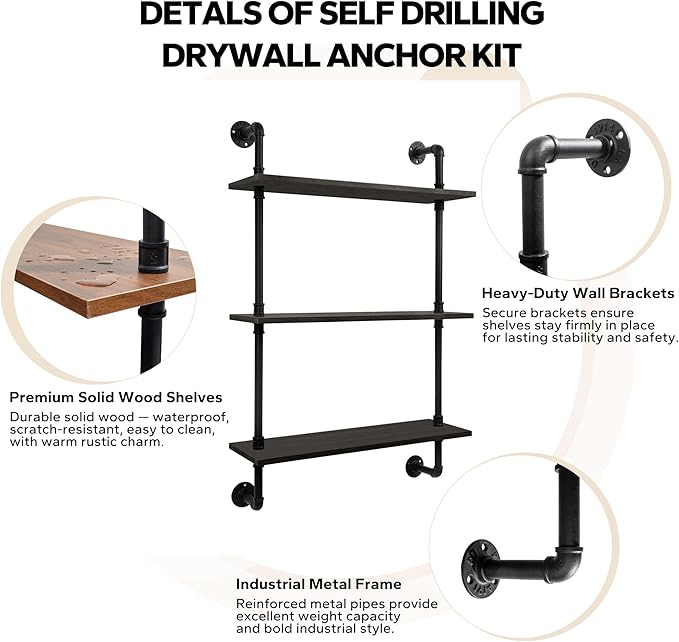 3-Tier Industrial Pipe Floating Shelf – Rustic 24 inch Wood Wall-Mounted Storage Shelf for Kitchen Office,Bathroom & Home Decor -Black