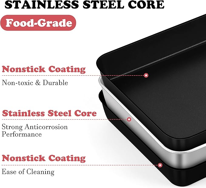 E-far Toaster Oven Baking Pan with Lid, 9.4 x 7 Inch Nonstick Stainless Steel Rectangle Cake Pan with Cover for Baking Small Brownies, Stainless Steel Core & Nonstick Coating, Non-toxic & Oven Safe