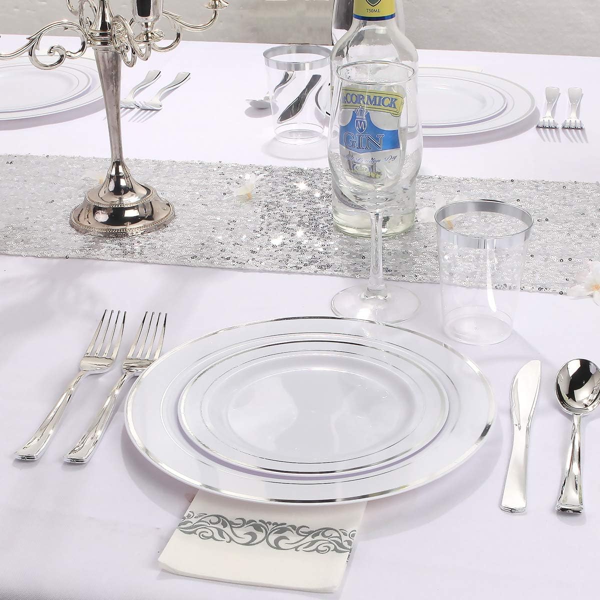 I00000 700 Piece Silver Dinnerware Set for 100 Guests-100 Dinner Plates, 100 Dessert Plates, 100 Disposable Cups 10 oz, 100 Paper Napkins, 100 Plastic Silverware Set Perfect for Party & Wedding