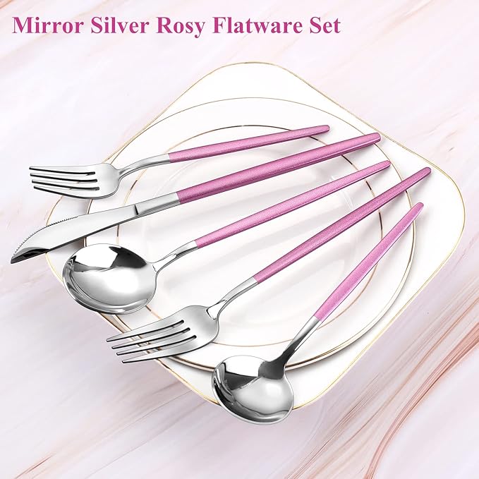 Mirror Silver Rosy Silverware Set, 20-Piece Stainless Steel Flatware Set, Satin Finish tableware Cutlery Set, Service for 4, Home and Restaurant, Dishwasher Safe