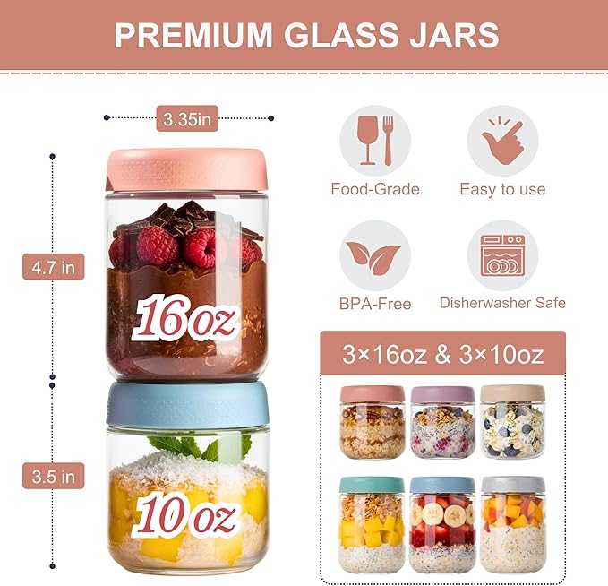 CATIFLIN 6-Pack Overnight Oats Containers with Lids, 16oz & 10oz Glass Mason Jars, Airtight Wide-Mouth Food Storage Containers for Meal Prep, Yogurt, Salad, Snacks, Chia, and Baby Food