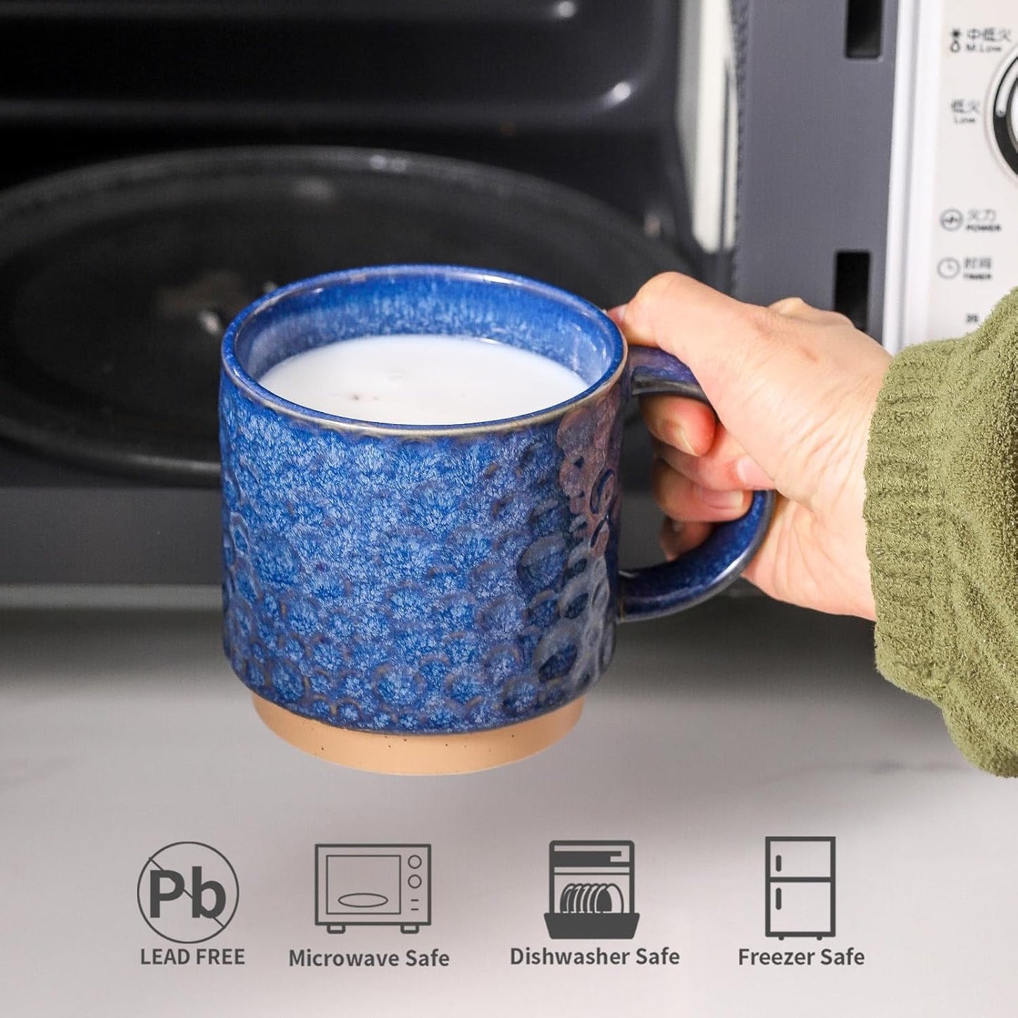 Nihow Ceramic Coffee Mug Set of 4, 16OZ Stackable Coffee Mug Set with Stainless Stand,Large Cup Set for Cappuccino,Tea,Hot/Cold Drinks,Dishwasher & Microwave Safe,Vivid Blue