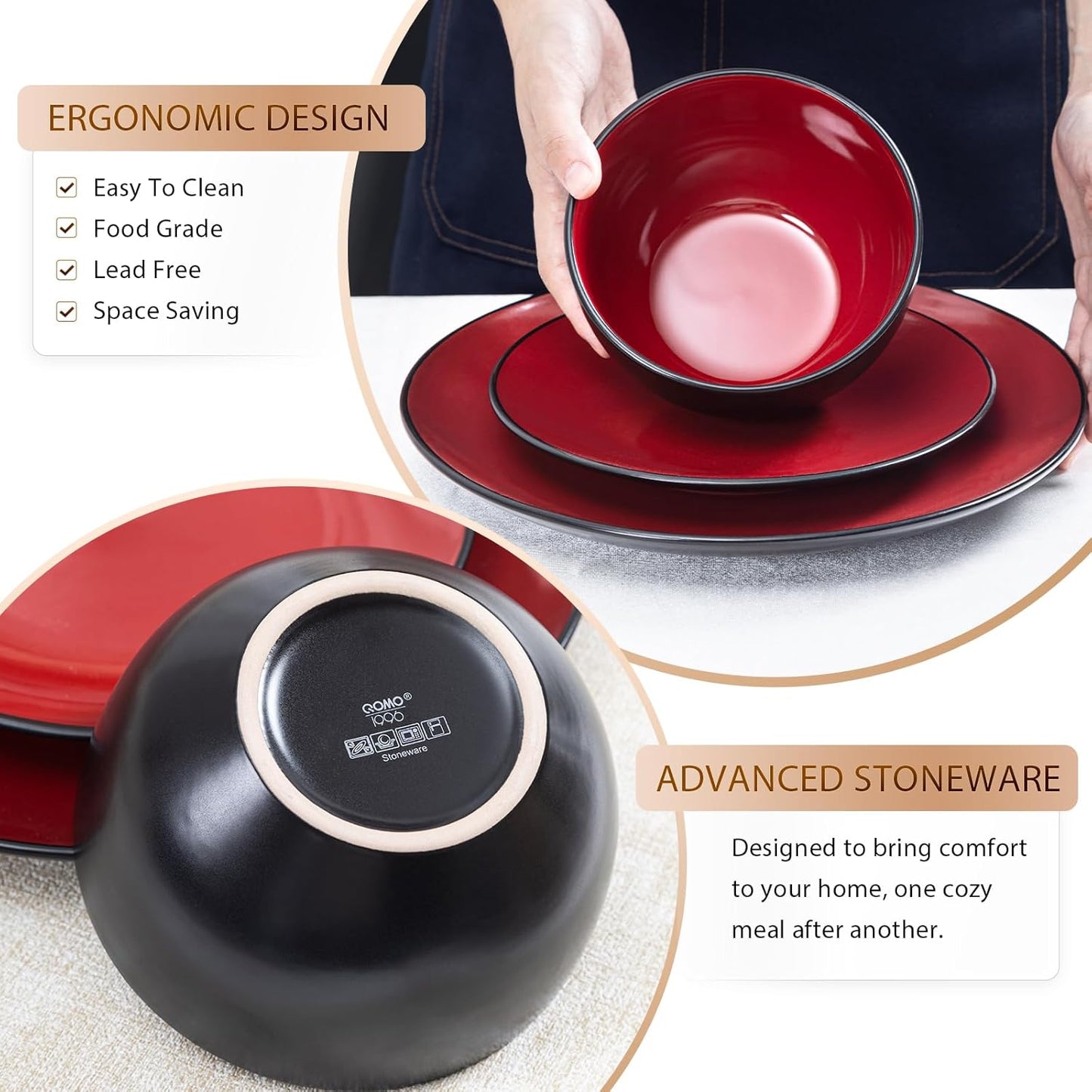 Plates and Bowls Sets for 4 - CJDC-QUELO 16-Piece Stoneware Dinnerware Sets, Ceramic Dishware Set for Indoor Kitchen Use and Formal Dining, Chip and Scratch Resistant Microwave Dishwasher Safe, Red