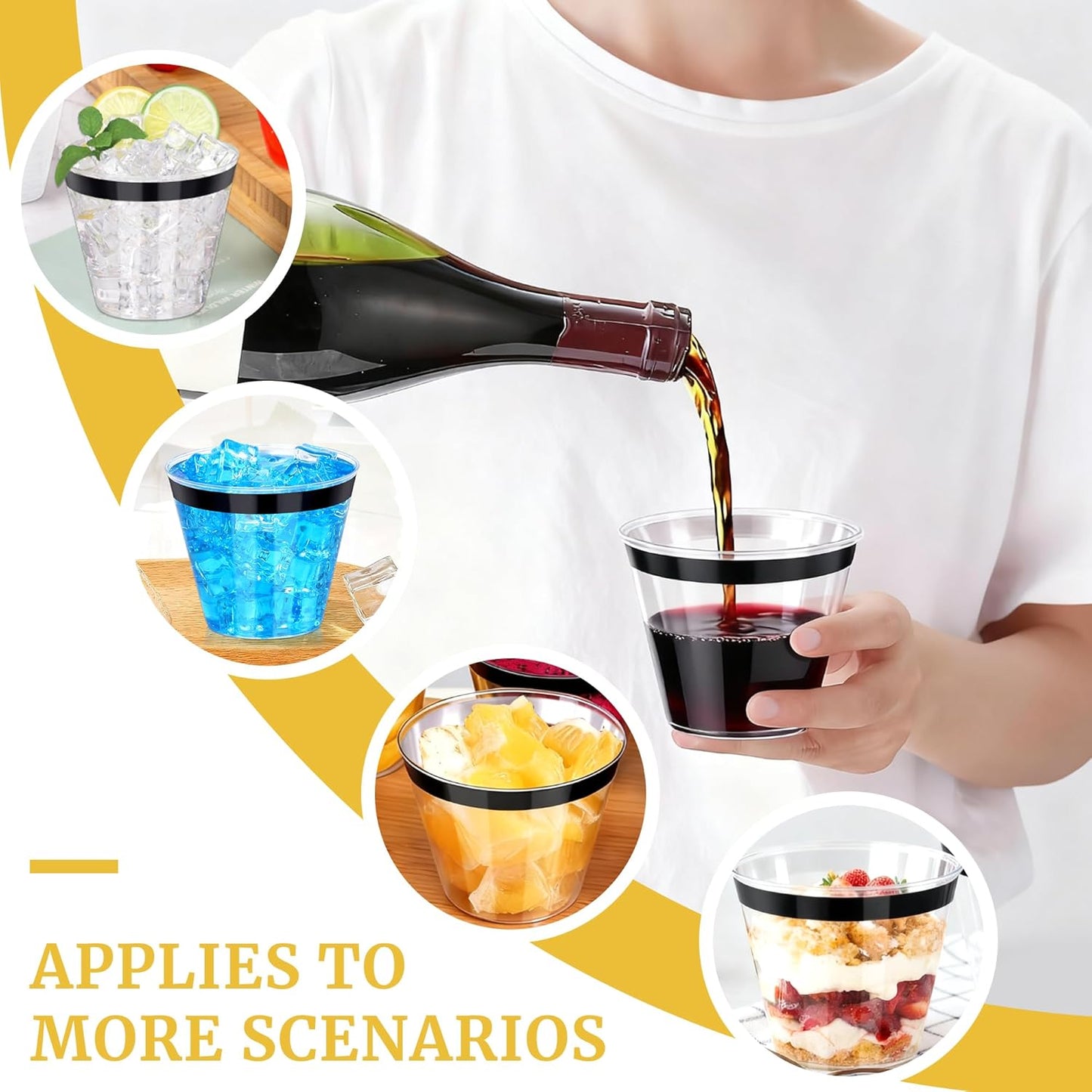 120 Pcs Black Plastic Cups,9Oz Black Rimmed Plastic Cups,Heavy Duty Clear Disposable Plasitc Cocktail Tumblers Wine Cup for Party,Wedding,Birthday,Christmas