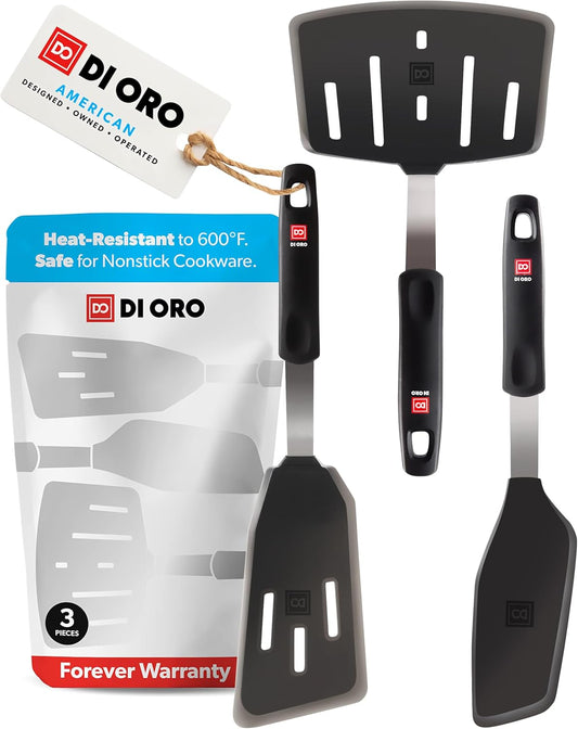 DI ORO Spatulas for Kitchen Use - Forever Warranty - 600°F Heat-Resistant Silicone - Turner Spatula Set for Cooking - BPA Free Wide Pancake Spatulas - Egg Flippers for Nonstick Cookware Safe (3pc)