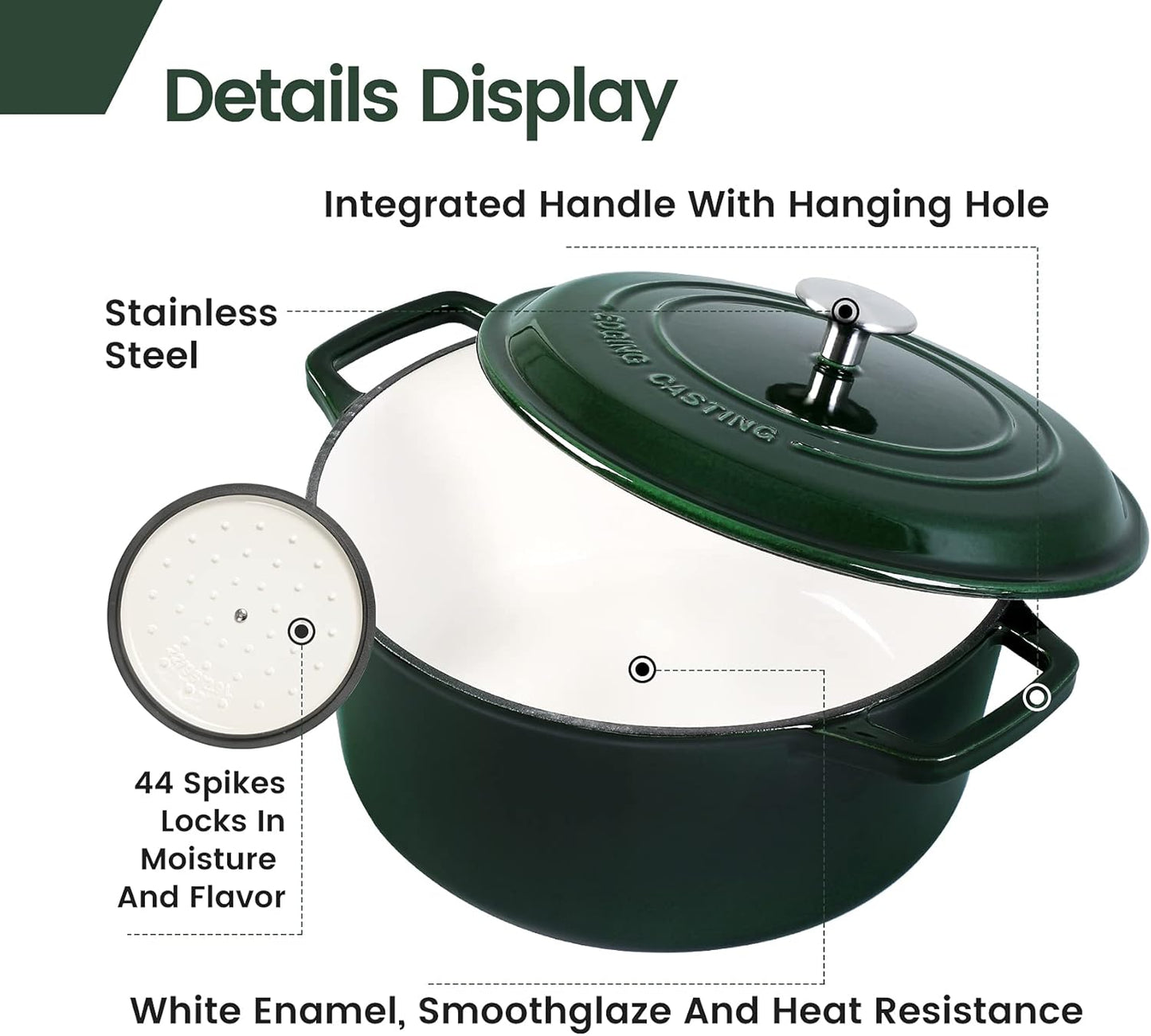 Enameled Cast Iron Dutch Oven Pot With Lid, Dutch Oven for Sourdough Bread Baking Round Pot Dule Handle, 6 Quart, Green